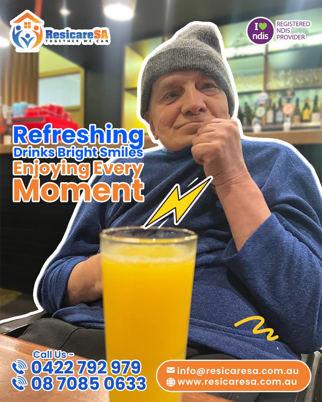 A participant enjoys a refreshing drink while relaxing during a community outing, capturing a comfortable and enjoyable everyday moment.