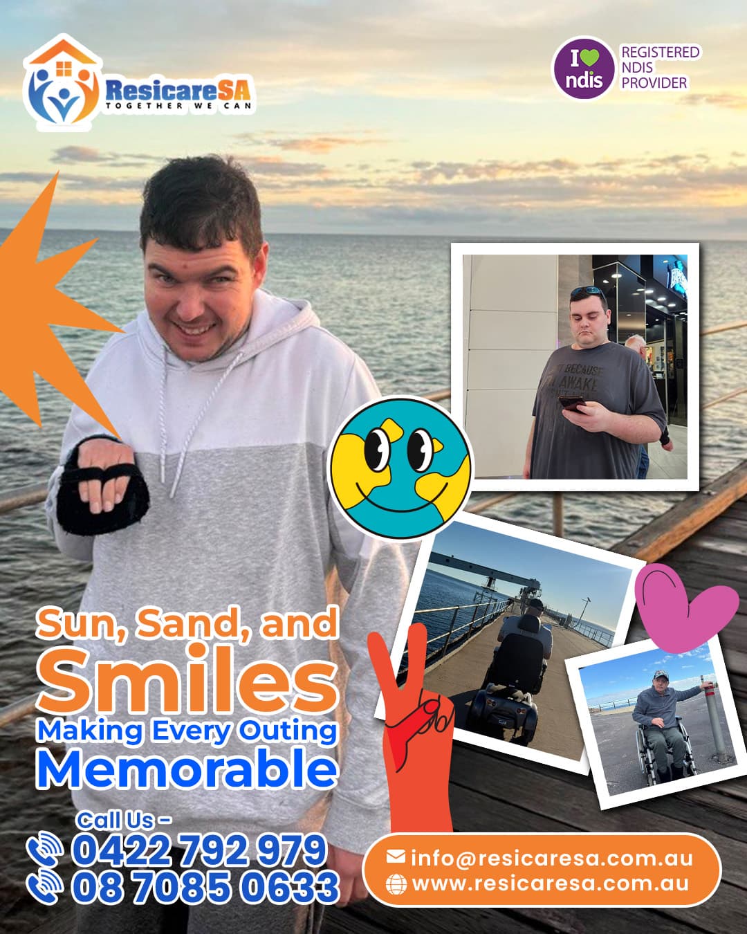 Participants enjoying accessible coastal outings, including time by the beach and along the jetty.