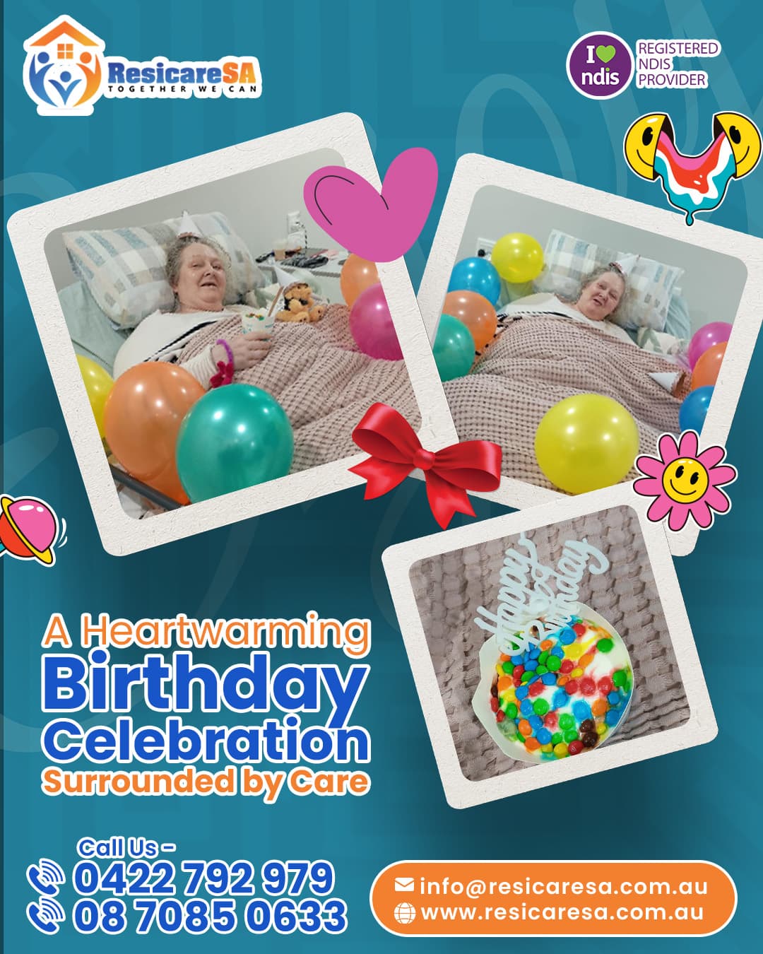 A participant celebrates her birthday surrounded by colourful balloons, a birthday cake and thoughtful decorations in a comfortable setting.