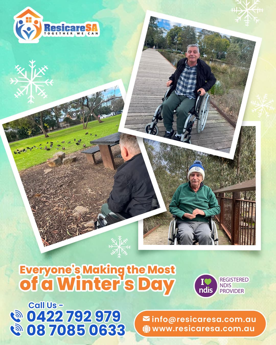Participants using wheelchairs enjoy time outdoors in a park and natural setting during a cool winter day.