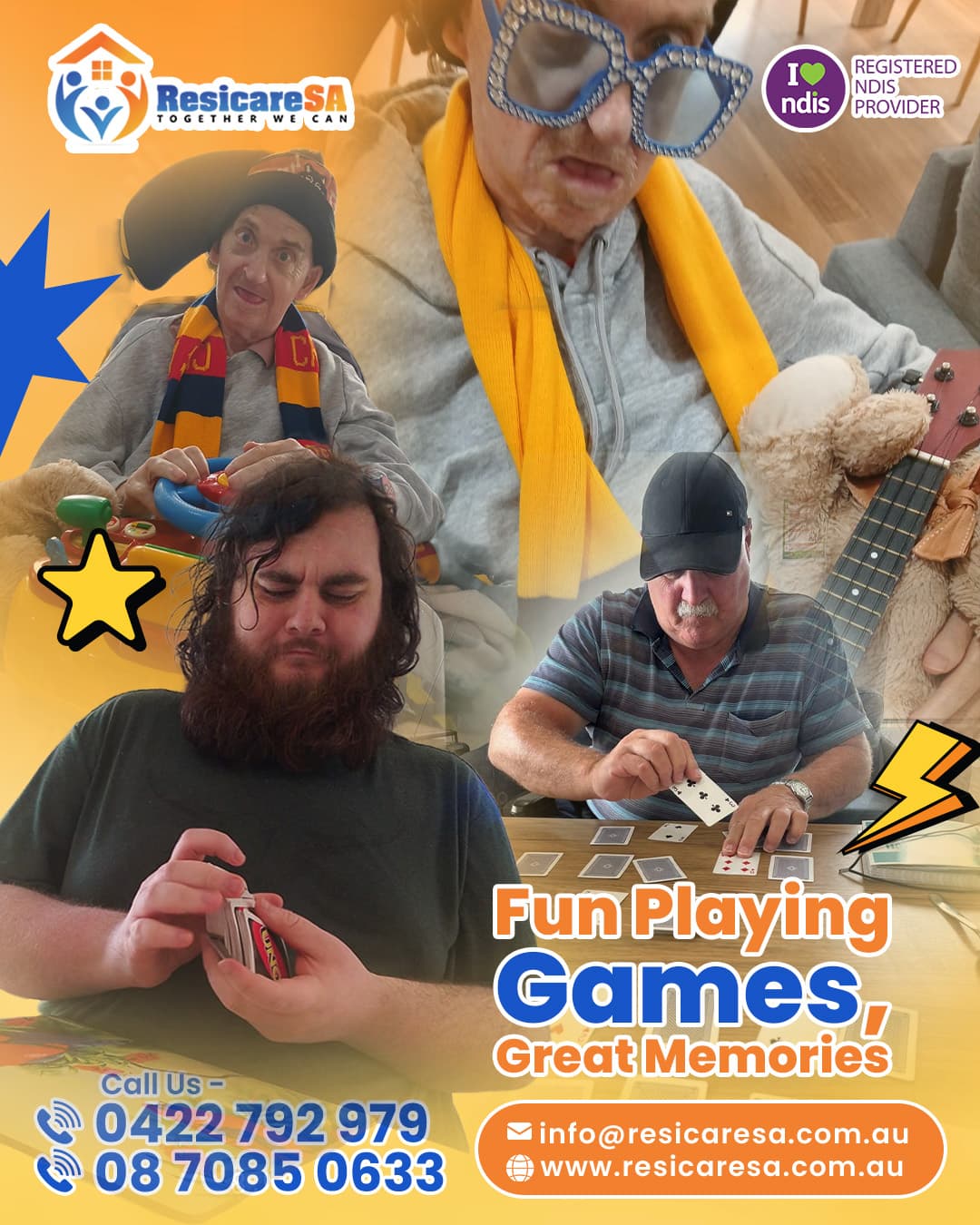 A collage captures participants enjoying recreational activities including card games and music, highlighting relaxed and engaging moments together.