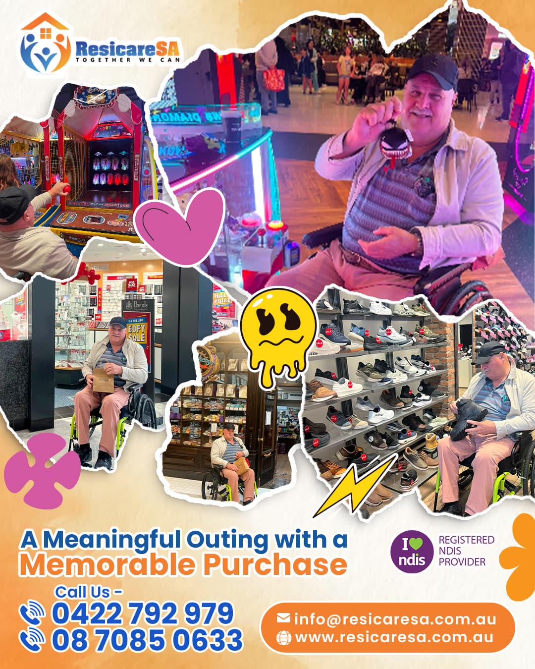 A participant enjoys a community outing involving shopping and arcade activities, including choosing a purchase to take home.