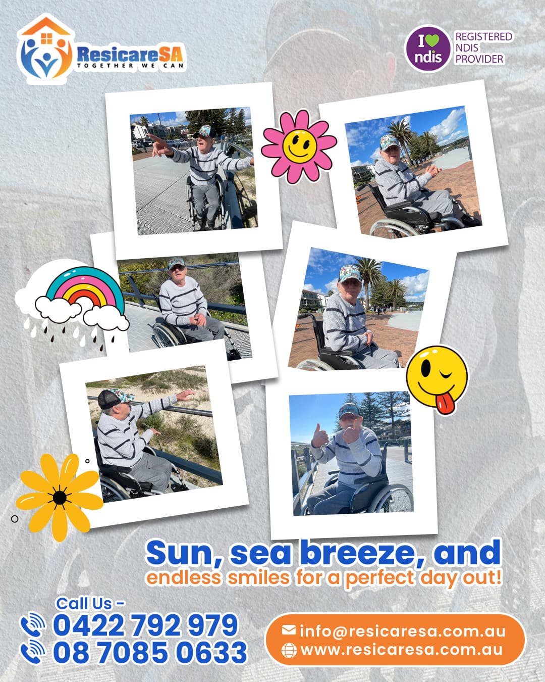 ResicareSA participant using a wheelchair enjoying a sunny day outdoors by the seaside, with palm trees and coastal views.
