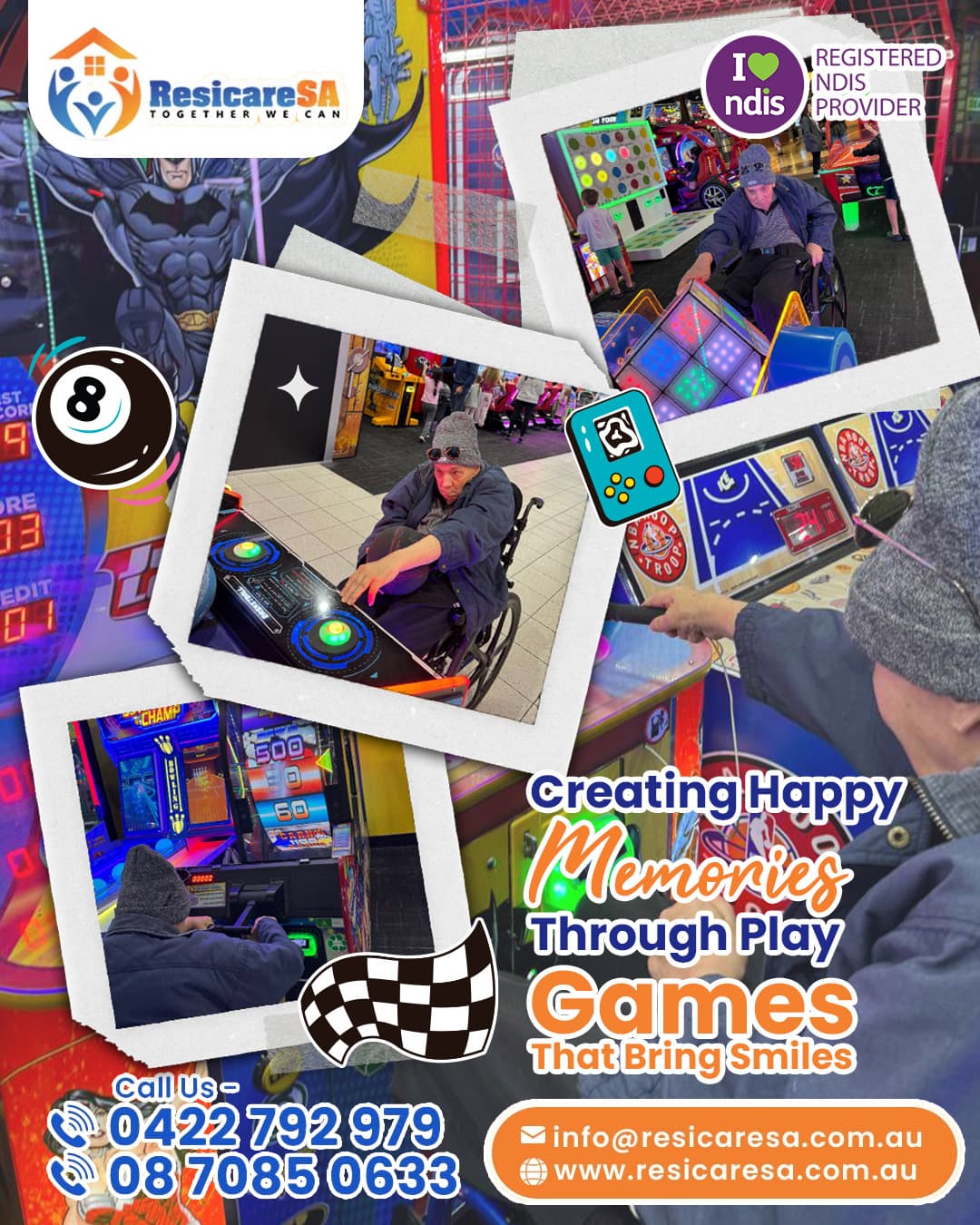 A participant enjoying an accessible visit to an arcade, trying different interactive games in a colourful and energetic environment.