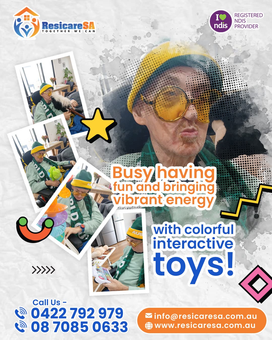 A participant engaging with colourful interactive toys and sensory-style activities in a comfortable indoor environment.